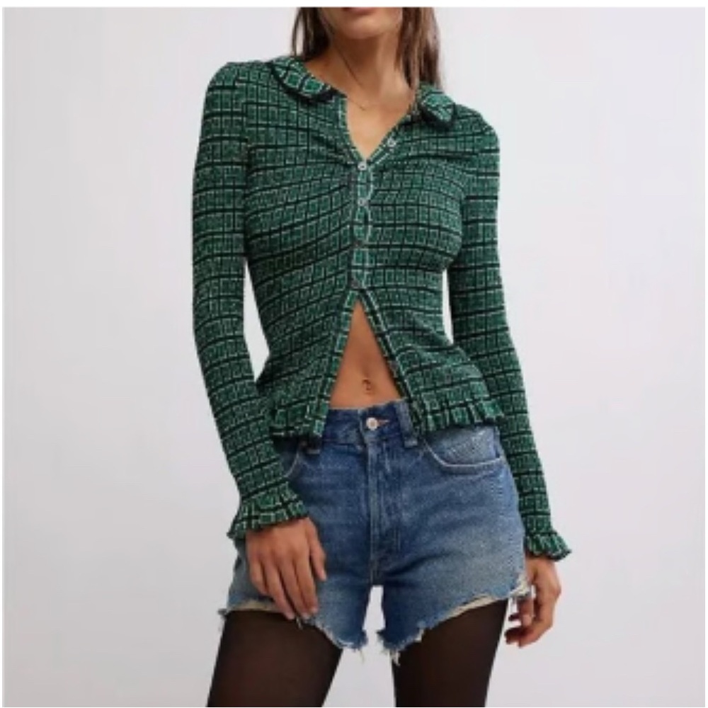 NWT Free People Green Geometric Button Down Shirt